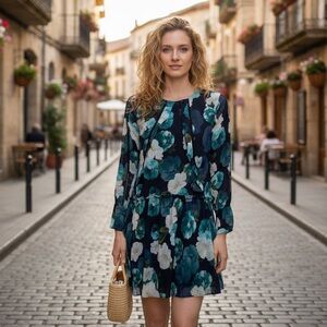 Adelyn Rae Sz S Blue Floral Cottagecore Ruffle Flowy Mini Dress